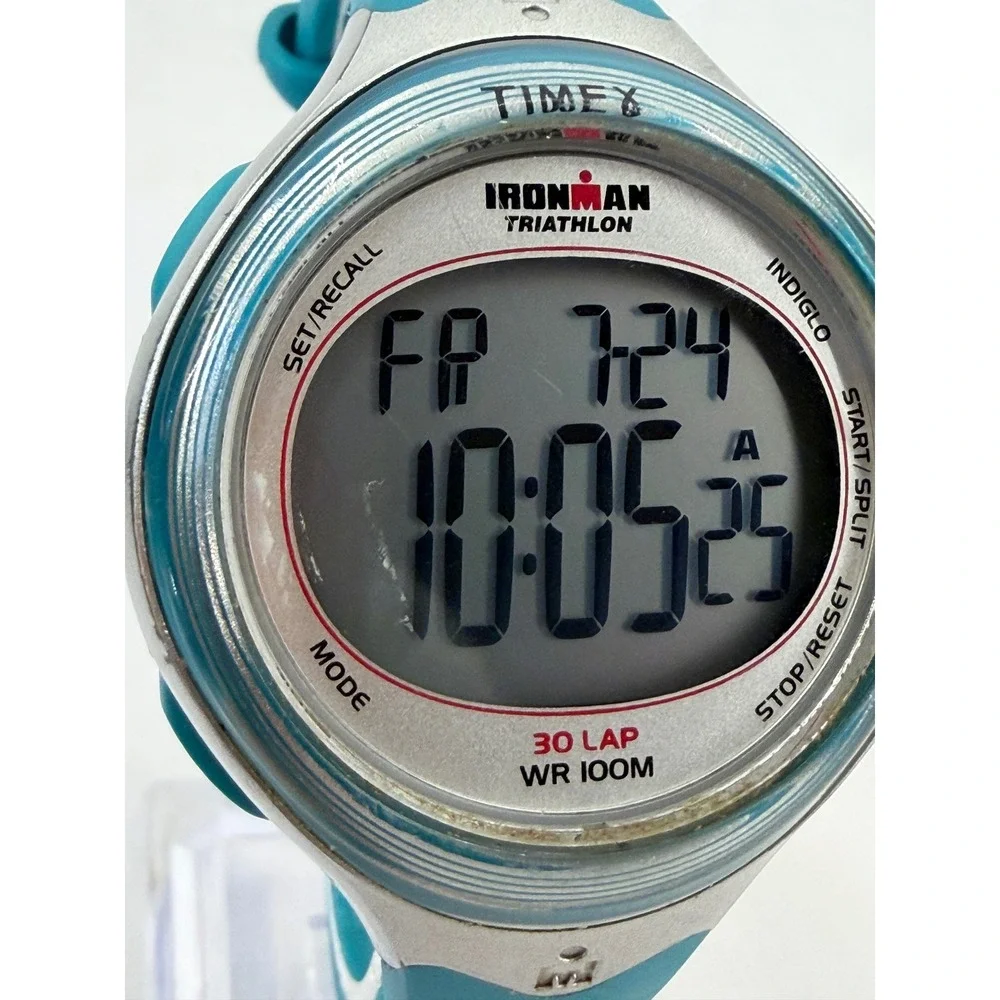 Timex Ironman Triathlon 30 Lap Digital Watch Teal Silver WR 100M Indiglo 652 02